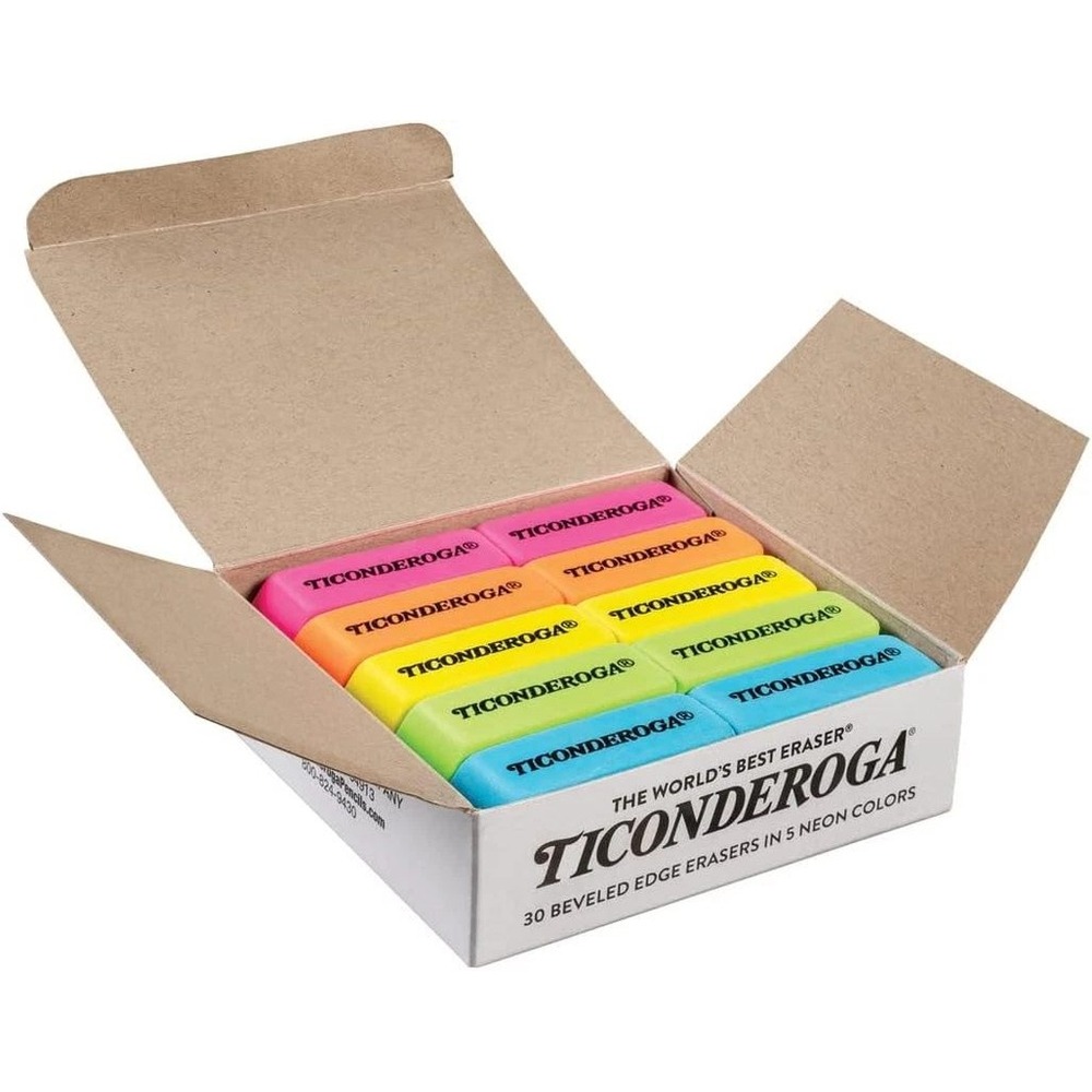 Pack‎ of 30 Ticonderoga Neon Beveled Edge Erasers Master Pack